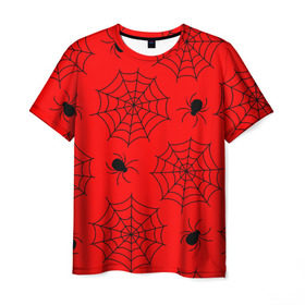 Мужская футболка 3D с принтом Happy Halloween в Курске, 100% полиэфир | прямой крой, круглый вырез горловины, длина до линии бедер | белый | паук | паутина | узор | хэллоуин | черный
