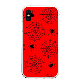 Чехол для iPhone XS Max матовый с принтом Happy Halloween в Курске, Силикон | Область печати: задняя сторона чехла, без боковых панелей | белый | паук | паутина | узор | хэллоуин | черный