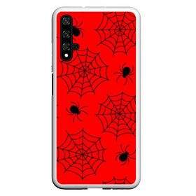 Чехол для Honor 20 с принтом Happy Halloween в Курске, Силикон | Область печати: задняя сторона чехла, без боковых панелей | белый | паук | паутина | узор | хэллоуин | черный