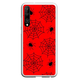 Чехол для Honor P30 с принтом Happy Halloween в Курске, Силикон | Область печати: задняя сторона чехла, без боковых панелей | белый | паук | паутина | узор | хэллоуин | черный