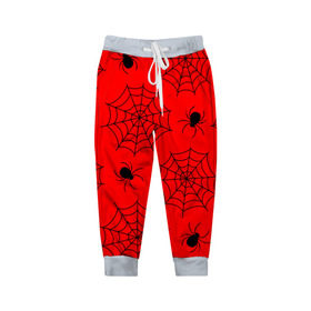 Детские брюки 3D с принтом Happy Halloween в Курске, 100% полиэстер | манжеты по низу, эластичный пояс регулируется шнурком, по бокам два кармана без застежек, внутренняя часть кармана из мелкой сетки | Тематика изображения на принте: белый | паук | паутина | узор | хэллоуин | черный