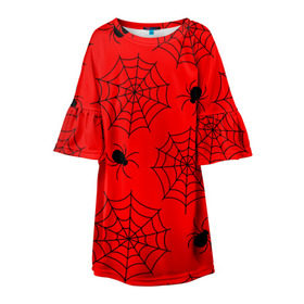 Детское платье 3D с принтом Happy Halloween в Курске, 100% полиэстер | прямой силуэт, чуть расширенный к низу. Круглая горловина, на рукавах — воланы | Тематика изображения на принте: белый | паук | паутина | узор | хэллоуин | черный