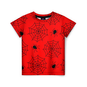 Детская футболка 3D с принтом Happy Halloween в Курске, 100% гипоаллергенный полиэфир | прямой крой, круглый вырез горловины, длина до линии бедер, чуть спущенное плечо, ткань немного тянется | Тематика изображения на принте: белый | паук | паутина | узор | хэллоуин | черный