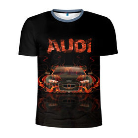 Мужская футболка 3D спортивная с принтом AUDI в огоне в Курске, 100% полиэстер с улучшенными характеристиками | приталенный силуэт, круглая горловина, широкие плечи, сужается к линии бедра | авто | ауди | машина | огонь | пламя