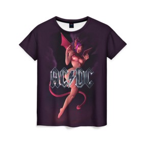 Женская футболка 3D с принтом AC/DC в Курске, 100% полиэфир ( синтетическое хлопкоподобное полотно) | прямой крой, круглый вырез горловины, длина до линии бедер | ac dc | angus | hard | heavy | metal | rock. music | девушка | демон | дьявол | черт | чертик
