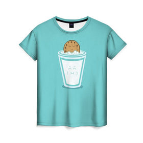 Женская футболка 3D с принтом Молоко и печенюшка в Курске, 100% полиэфир ( синтетическое хлопкоподобное полотно) | прямой крой, круглый вырез горловины, длина до линии бедер | еда | завтрак | здоровье | молоко | печенье | шоколад