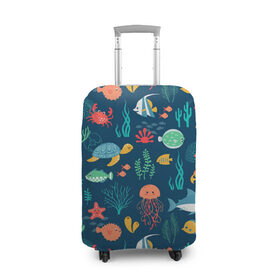 Чехол для чемодана 3D с принтом Морская живность в Курске, 86% полиэфир, 14% спандекс | двустороннее нанесение принта, прорези для ручек и колес | водоросли | кораллы | краб | лето | море | океан | рак | рыбы | черепаха