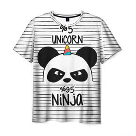 Мужская футболка 3D с принтом 5% Единорог 95% Ниндзя в Курске, 100% полиэфир | прямой крой, круглый вырез горловины, длина до линии бедер | animals | ninja | panda | rainbow | stripes | единорог | животные | зверь | линии | ниндзя | панда | полосы | радуга | самурай