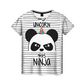 Женская футболка 3D с принтом 5% Единорог 95% Ниндзя в Курске, 100% полиэфир ( синтетическое хлопкоподобное полотно) | прямой крой, круглый вырез горловины, длина до линии бедер | animals | ninja | panda | rainbow | stripes | единорог | животные | зверь | линии | ниндзя | панда | полосы | радуга | самурай