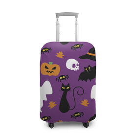 Чехол для чемодана 3D с принтом Веселый Хэллоуин в Курске, 86% полиэфир, 14% спандекс | двустороннее нанесение принта, прорези для ручек и колес | кошка | паук | праздник | привидения | тыква | череп | черный