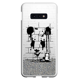 Чехол для Samsung S10E с принтом Панда вандал в Курске, Силикон | Область печати: задняя сторона чехла, без боковых панелей | бамбук | бамбуковый медведь | банка | животное | зубы | капли | когти | краска | красная книга | лапы | мишка | панда | подтеки | прикол | прикольный | рисует | следы | черный | япония