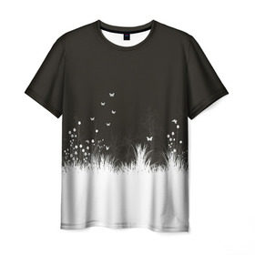 Мужская футболка 3D с принтом Ночная полянка в Курске, 100% полиэфир | прямой крой, круглый вырез горловины, длина до линии бедер | бабочки | белый | кусты | ночь | цветы | чб | черно белое | черный
