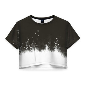 Женская футболка 3D укороченная с принтом Ночная полянка в Курске, 100% полиэстер | круглая горловина, длина футболки до линии талии, рукава с отворотами | бабочки | белый | кусты | ночь | цветы | чб | черно белое | черный