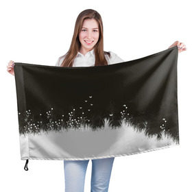 Флаг 3D с принтом Ночная полянка в Курске, 100% полиэстер | плотность ткани — 95 г/м2, размер — 67 х 109 см. Принт наносится с одной стороны | бабочки | белый | кусты | ночь | цветы | чб | черно белое | черный