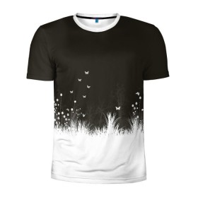 Мужская футболка 3D спортивная с принтом Ночная полянка в Курске, 100% полиэстер с улучшенными характеристиками | приталенный силуэт, круглая горловина, широкие плечи, сужается к линии бедра | Тематика изображения на принте: бабочки | белый | кусты | ночь | цветы | чб | черно белое | черный