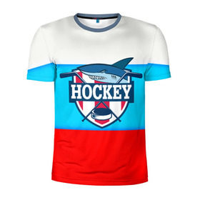 Мужская футболка 3D спортивная с принтом Акула хоккея в Курске, 100% полиэстер с улучшенными характеристиками | приталенный силуэт, круглая горловина, широкие плечи, сужается к линии бедра | Тематика изображения на принте: bandy | hockey | клюшка | коньки | лед | россия | русский хоккей | спорт | хоккей