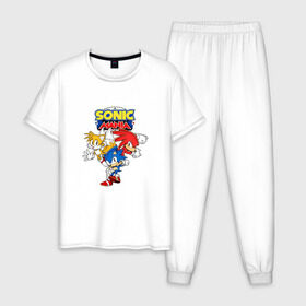 Мужская пижама хлопок с принтом Sonic Mania в Курске, 100% хлопок | брюки и футболка прямого кроя, без карманов, на брюках мягкая резинка на поясе и по низу штанин
 | Тематика изображения на принте: sega | sonic | sonic mania | ежик | наклз | соник | тейлс