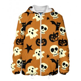 Мужская куртка 3D с принтом Веселый Хэллоуин в Курске, ткань верха — 100% полиэстер, подклад — флис | прямой крой, подол и капюшон оформлены резинкой с фиксаторами, два кармана без застежек по бокам, один большой потайной карман на груди. Карман на груди застегивается на липучку | 