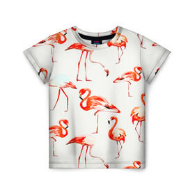 Детская футболка 3D с принтом Фламинго в Курске, 100% гипоаллергенный полиэфир | прямой крой, круглый вырез горловины, длина до линии бедер, чуть спущенное плечо, ткань немного тянется | арт | птицы | текстура | фламинго