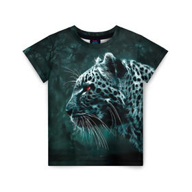 Детская футболка 3D с принтом Леопард неоновый в Курске, 100% гипоаллергенный полиэфир | прямой крой, круглый вырез горловины, длина до линии бедер, чуть спущенное плечо, ткань немного тянется | Тематика изображения на принте: гепард | леопард | темный | хищник