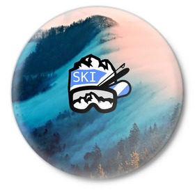 Значок с принтом SKI в Курске,  металл | круглая форма, металлическая застежка в виде булавки | ski patrol | sport | возвышение | возвышенность | гора | горка | национальный парк | облака | склон | снег | спорт | холм