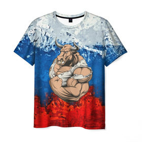 Мужская футболка 3D с принтом Буйвол в Курске, 100% полиэфир | прямой крой, круглый вырез горловины, длина до линии бедер | abstraction | grunge | абстракция | буйвол | бык | краска | русский | триколор | я русский