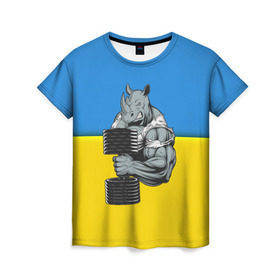 Женская футболка 3D с принтом Спортивный носорог в Курске, 100% полиэфир ( синтетическое хлопкоподобное полотно) | прямой крой, круглый вырез горловины, длина до линии бедер | abstraction | grunge | абстракция | два цвета | краска | носорог | украинец | я украинец