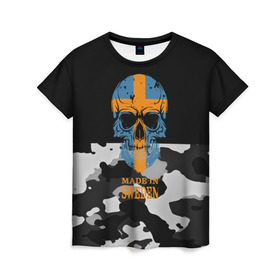 Женская футболка 3D с принтом Made in Sweden в Курске, 100% полиэфир ( синтетическое хлопкоподобное полотно) | прямой крой, круглый вырез горловины, длина до линии бедер | camouflage | made in sweden | skull | абстракция | города | камуфляж | нация | страны | текстуры | череп | швеция