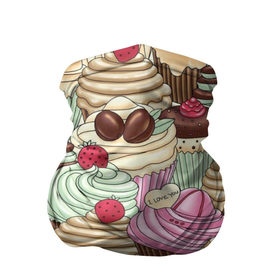 Бандана-труба 3D с принтом Пироженки в Курске, 100% полиэстер, ткань с особыми свойствами — Activecool | плотность 150‒180 г/м2; хорошо тянется, но сохраняет форму | еда | кексы | крем | пирожное | сладости | торты | шоколад | ягоды