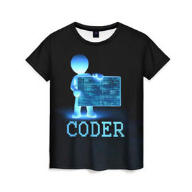 Женская футболка 3D с принтом Coder - программист кодировщик в Курске, 100% полиэфир ( синтетическое хлопкоподобное полотно) | прямой крой, круглый вырез горловины, длина до линии бедер | Тематика изображения на принте: it | programmer | голова | загрузка | код | надпись | неоновый | ноги | программный | руки | светящийся | страница | технологии | хакер | человек | человечек | шифровальщик | экран