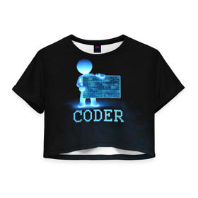 Женская футболка 3D укороченная с принтом Coder - программист кодировщик в Курске, 100% полиэстер | круглая горловина, длина футболки до линии талии, рукава с отворотами | it | programmer | голова | загрузка | код | надпись | неоновый | ноги | программный | руки | светящийся | страница | технологии | хакер | человек | человечек | шифровальщик | экран