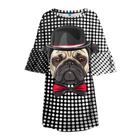 Детское платье 3D с принтом Mr. Pug в Курске, 100% полиэстер | прямой силуэт, чуть расширенный к низу. Круглая горловина, на рукавах — воланы | animal | dog | pet | pug | puppy | арт | горошек | джентльмен | животные | кружочки | мопс | мопсик | пес | собаки | текстура | французский бульдог