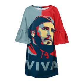 Детское платье 3D с принтом Фидель Кастро в Курске, 100% полиэстер | прямой силуэт, чуть расширенный к низу. Круглая горловина, на рукавах — воланы | Тематика изображения на принте: cuba | fidel | диктатор | коммунизм | куба | президент | фидель