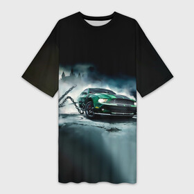 Платье-футболка 3D с принтом Призрачный Ford Mustang в Курске,  |  | ford | mustang | авто | автомобиль | блатная | замок | зеленый | иномарка | крутая | марка | машина | мустанг | пацанский таз | поводок | прикольная | седан | тачила | тачка | туман | форд | цепь