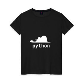 Женская футболка хлопок с принтом Питон - язык программирования в Курске, 100% хлопок | прямой крой, круглый вырез горловины, длина до линии бедер, слегка спущенное плечо | Тематика изображения на принте: php | python | питон | программирование | слон
