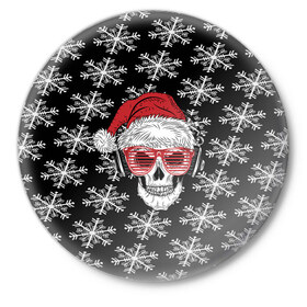Значок с принтом Santa Skull хипстер в Курске,  металл | круглая форма, металлическая застежка в виде булавки | дед мороз | новогодний | паттерн | санта | снег | снежинки