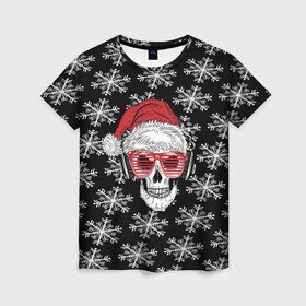 Женская футболка 3D с принтом Santa Skull хипстер в Курске, 100% полиэфир ( синтетическое хлопкоподобное полотно) | прямой крой, круглый вырез горловины, длина до линии бедер | дед мороз | новогодний | паттерн | санта | снег | снежинки
