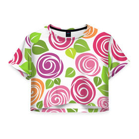Женская футболка 3D укороченная с принтом Розы Минимализм в Курске, 100% полиэстер | круглая горловина, длина футболки до линии талии, рукава с отворотами | flowers | розовый | розы | цветы
