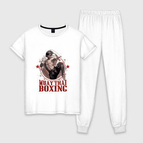 Женская пижама хлопок с принтом Тайский бокс в Курске, 100% хлопок | брюки и футболка прямого кроя, без карманов, на брюках мягкая резинка на поясе и по низу штанин | muay thai boxing