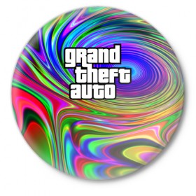 Значок с принтом Grand Theft Auto в Курске,  металл | круглая форма, металлическая застежка в виде булавки | Тематика изображения на принте: color | game | gta | абстракция | игра | игрок | линии | узор | цвет
