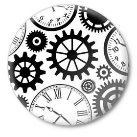 Значок с принтом Часы и шестеренки в Курске,  металл | круглая форма, металлическая застежка в виде булавки | pattern | узор | часы