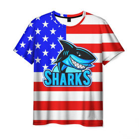 Мужская футболка 3D с принтом Sharks USA в Курске, 100% полиэфир | прямой крой, круглый вырез горловины, длина до линии бедер | sharks | usa | акула | америка | американец | символика америки | сша