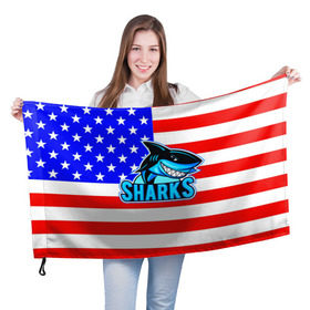 Флаг 3D с принтом Sharks USA в Курске, 100% полиэстер | плотность ткани — 95 г/м2, размер — 67 х 109 см. Принт наносится с одной стороны | sharks | usa | акула | америка | американец | символика америки | сша