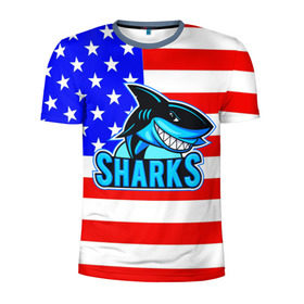 Мужская футболка 3D спортивная с принтом Sharks USA в Курске, 100% полиэстер с улучшенными характеристиками | приталенный силуэт, круглая горловина, широкие плечи, сужается к линии бедра | Тематика изображения на принте: sharks | usa | акула | америка | американец | символика америки | сша