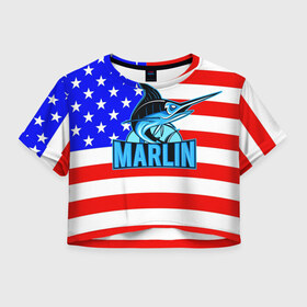 Женская футболка 3D укороченная с принтом Marlin USA в Курске, 100% полиэстер | круглая горловина, длина футболки до линии талии, рукава с отворотами | 