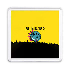 Магнит 55*55 с принтом Blink-182 город в Курске, Пластик | Размер: 65*65 мм; Размер печати: 55*55 мм | blink | альтернативный рок | блинк | город | желтый | марк хоппус | музыка | мэтт скиба | панк | панк рок | песни | поп панк | рок | скейт панк | смайл | солнце | трэвис баркер