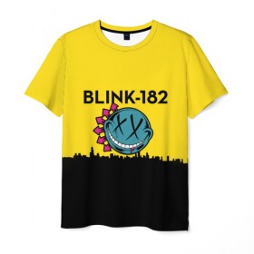 Мужская футболка 3D с принтом Blink-182 город в Курске, 100% полиэфир | прямой крой, круглый вырез горловины, длина до линии бедер | blink | альтернативный рок | блинк | город | желтый | марк хоппус | музыка | мэтт скиба | панк | панк рок | песни | поп панк | рок | скейт панк | смайл | солнце | трэвис баркер