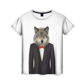 Женская футболка 3D с принтом Волк в Курске, 100% полиэфир ( синтетическое хлопкоподобное полотно) | прямой крой, круглый вырез горловины, длина до линии бедер | бабочка | волк | животные | костюм | природа | смокинг | собака