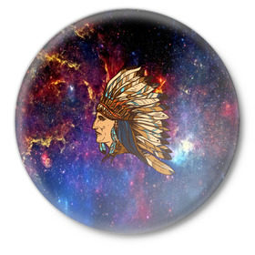 Значок с принтом Индейский шаман в Курске,  металл | круглая форма, металлическая застежка в виде булавки | индеец | космос | перья | шаман