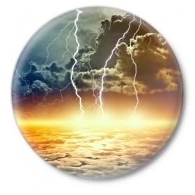 Значок с принтом Удар молнии в Курске,  металл | круглая форма, металлическая застежка в виде булавки | Тематика изображения на принте: молния | облака | природа | стихия | тучи